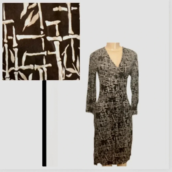 ANN TAYLOR WRAP MIDI DRESS. Y2K  VINTAGE. BROWN & CREAM PRINT LONG SLEEP SIZE 6 - Picture 1 of 8